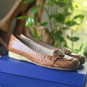 Stuart Weitzman Tan Croc Loafers with Gold Accents
